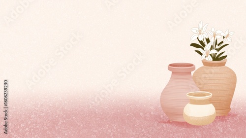 Elegant Handmade Pottery Display with White Lilies on Soft Pink Textured Surface