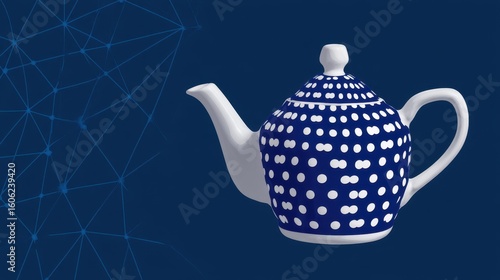 Elegant White Teapot with Navy Blue Polka Dots on Geometric Network Background for Corporate Connection