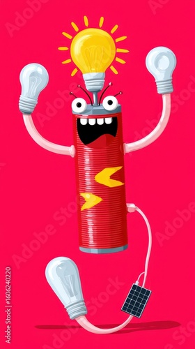 Energetic Cartoon Battery Character Joyfully Engaging with Large Power Source in Colorful Setting