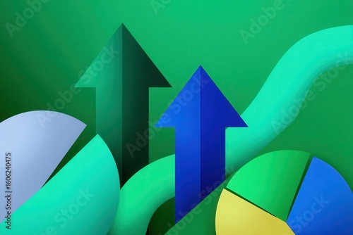 Financial Growth Arrows Rising with Abstract Data Charts in Green and Blue