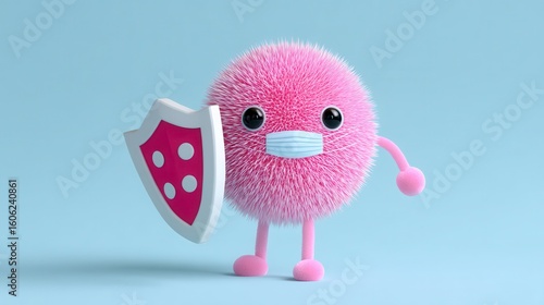 Fluffy Pink Virus Character Wearing Face Mask and Holding Protective Shield for Health Awareness