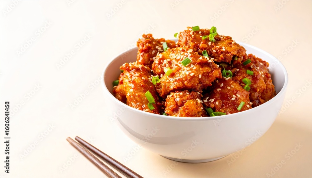 Spicy Korean Fried Chicken in White Bowl with Clean Background and Chopsticks Spicy Korean Fried Chicken in White Bowl with Clean Background and Chopsticks