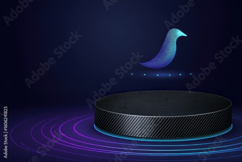 Futuristic Carbon Fiber Podium with Holographic Puffin and Neon Glow in Cybersecurity Setting