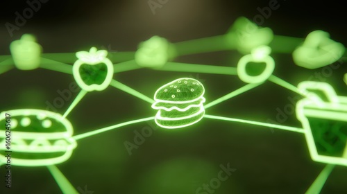 Glowing Green Digital Food Network Highlighting Pollution and Industrial Risks in Supply Chain