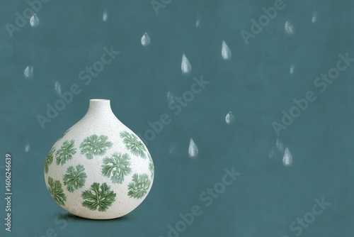 Handcrafted Ceramic Rainwater Vessel with Botanical Motifs Surrounded by Falling Raindrops on Teal Surface