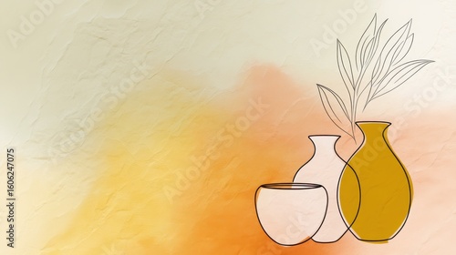 Handmade Pottery Line Drawings Displayed on Warm Gradient Background for Artistic Craft Presentations