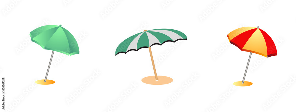 Obraz premium Three beach umbrellas are depicted on a white background.
