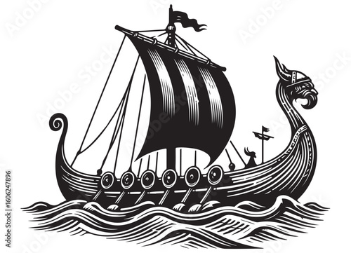 Black and White Illustration of Viking Ship Sailing on Waves