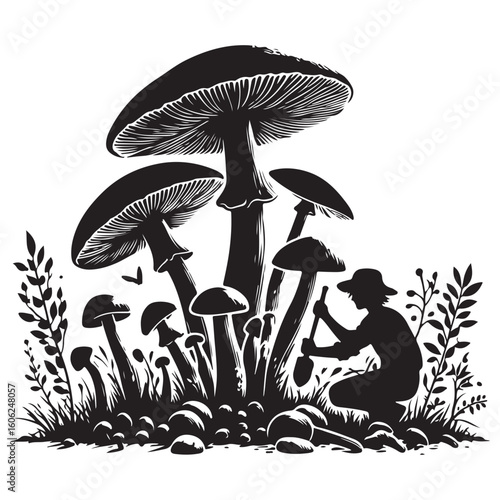 Silhouette Art of Mushroom Hunting and Fungi Gathering Scene