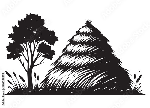 Rural Landscape Silhouette with Tree and Haystack Vector