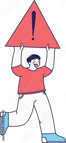 A cartoon figure holding up a red alert triangle ideal for system warnings, UI notifications, or urgent messages.