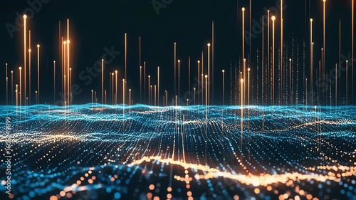 Undulating waves of blue and orange digital particles rise and fall against a dark background, futuristic data streams or abstract digital terrain in a stylized high-tech landscape visualization