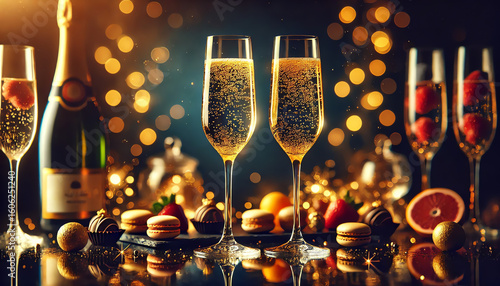 Two elegant champagne flutes filled with golden sparkling wine stand on a dark, reflective surface