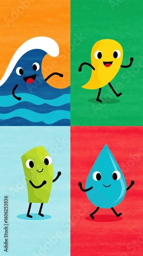 Playful Anthropomorphic Water Forms Racing in Colorful Environment