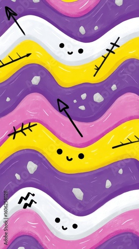Playful Sedimentary Layers with Smiling Rocks and Market Growth Arrows