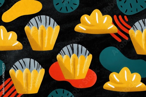 Playful Yellow and Gray Pastries Pattern with Abstract Colorful Shapes for Culinary Design