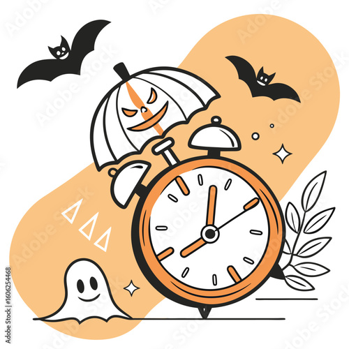 Halloween themed alarm clock with pumpkin umbrella bats and ghost in a festive illustration style