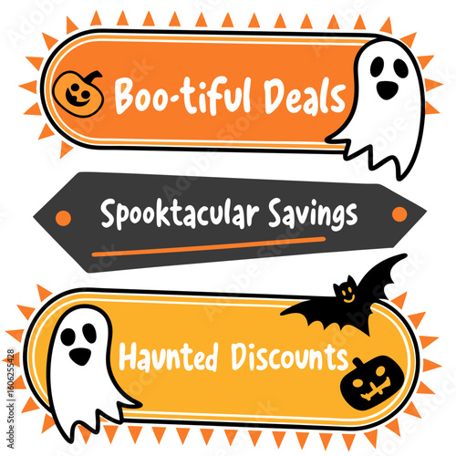 Three halloween themed banners with ghosts, pumpkins, and a bat advertising deals and savings promotion