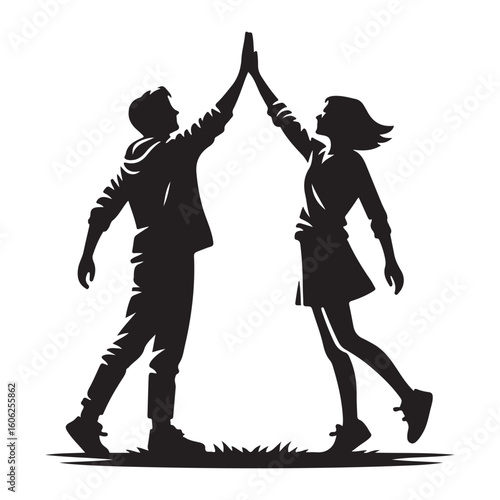 Silhouette of Two People Giving a High Five for Success