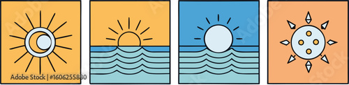 Celestial bodies and ocean waves in stylized illustrations moon