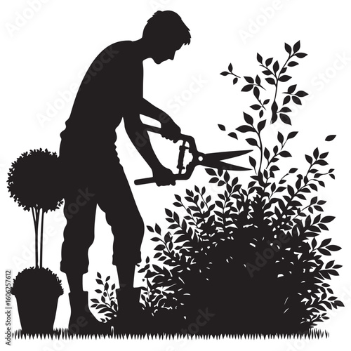 Professional Gardener Trimming Bushes with Pruning Shears Silhouette Art