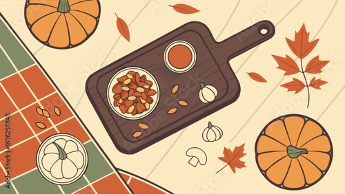 Fall harvest thanksgiving pumpkins seeds autumn leaves thanksgiving dinner preparation flat lay vector