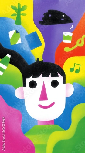 Smiling Cartoon Person with Colorful Thought Bubbles Showing Hobbies and Passions