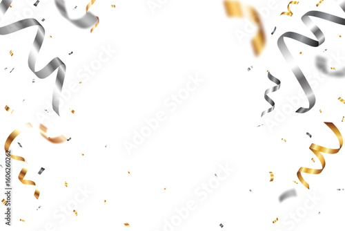 Celebrations Gold and silver confetti streamers, and ribbon banner, isolated on white backgrounds