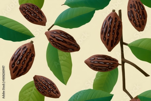 Stylized Cocoa Pods with Seeds and Green Leaves Pattern Representing Ethical Chocolate Labor