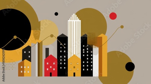 Township Cityscape with Growth Charts and Networking Lines in Earth Tones