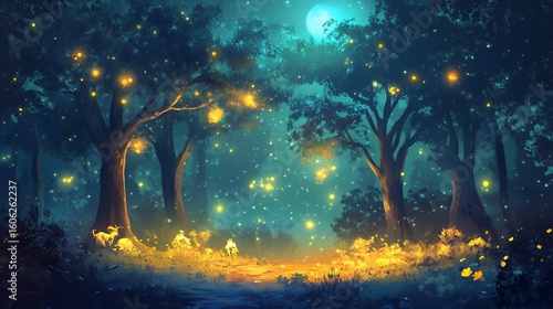 Enchanted Forest Night Scene With Goats And Fireflies