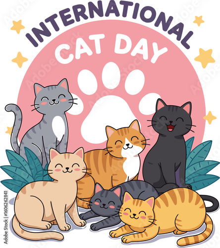 A joyful array of cartoon cats in various poses surrounding a large white paw print for International Cat Day