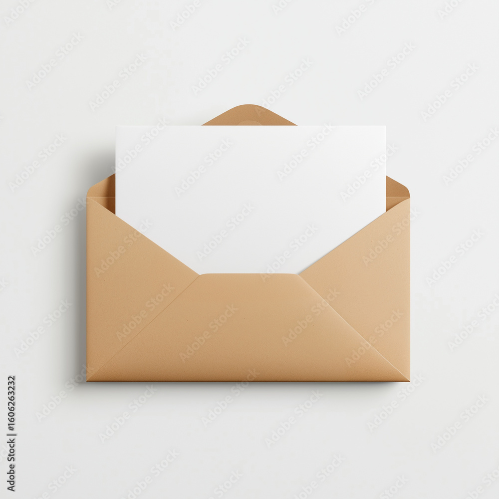 An open tan envelope with a white card inside on a white background in a studio setting view from above An open tan envelope with a white card inside on a white background in a studio setting view from above
