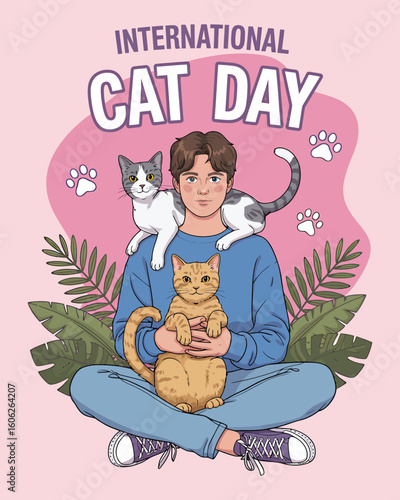 Relaxed young man surrounded by tropical leaves, cuddling his two cats for International Cat Day.