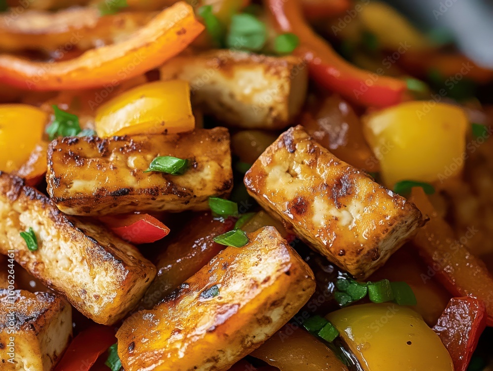 A close-up of tofu stir fry with bell peppers, captured in cinematic lighting with lifelike colors, vibrant textures, and natural reflections that enhance the beauty and realism of the dish. A close-up of tofu stir fry with bell peppers, captured in cinematic lighting with lifelike colors, vibrant textures, and natural reflections that enhance the beauty and realism of the dish.