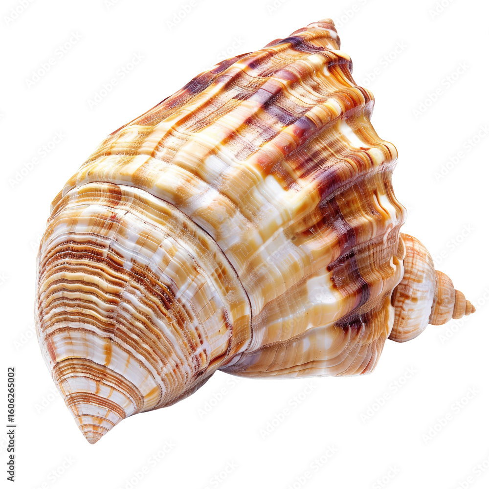 Fototapeta premium Detailed close-up of a seashell, exhibiting intricate spiral patterns and varied hues of beige, tan, and brown