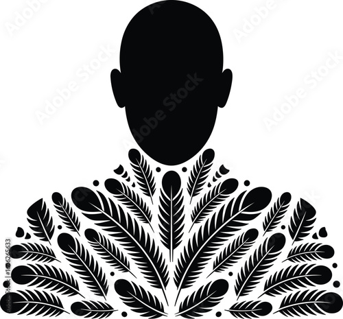 Silhouette of a head and shoulders formed by detailed black feather elements on white background