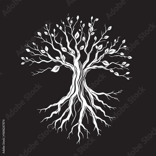Detailed roots and branches line art vector design black and white illustration.