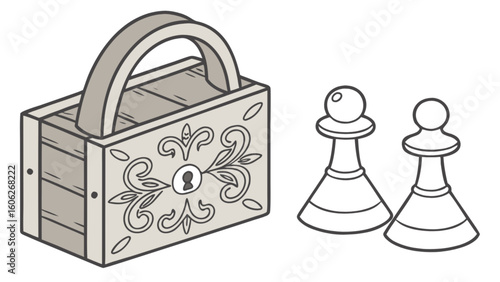 Treasure chest with handle and chess pawns vector illustration for game design and creative projects use design