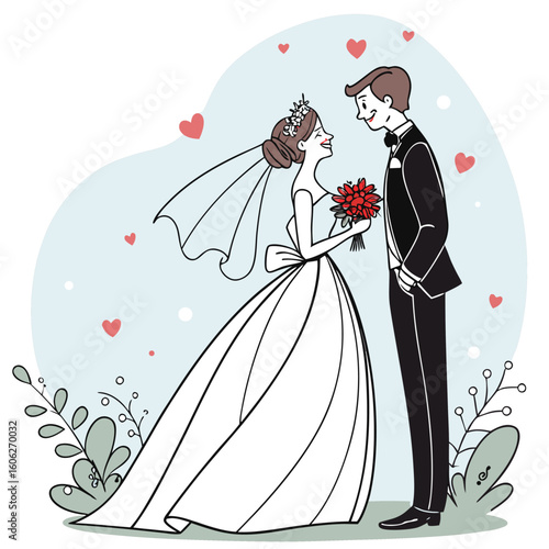 Happy bride and groom with flowers and hearts wedding couple