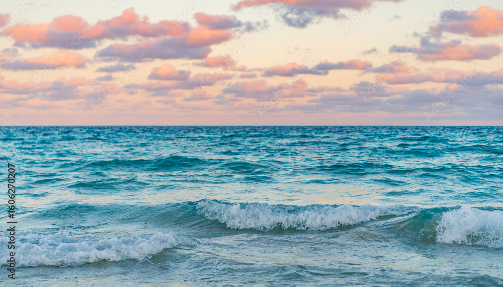 Obraz premium Skyscape with sea horizon. Calm horizon view at sea sunrise. Romantic summer vacation sunrise on seascape. Sea horizon view. Cloudy sky and seascape at summer vacation. Sea waves