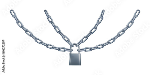 Chains hanging closed on padlock. Free curved wrapped around 3d linked rings. Steel silver break jail concept. Weak or strong iron security. Metal prison lock, png overlay for blocked secret content