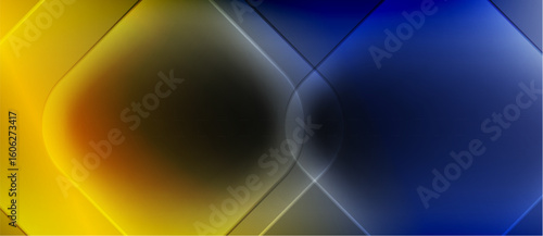 Abstract geometric composition. Yellow, brown, blue hues blend. Lines create diamond shapes, soft gradients present. Modern digital art.