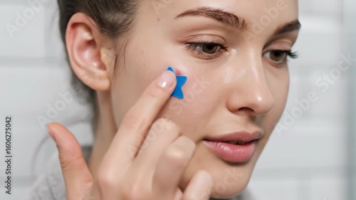 Blue Star Skincare: Beautiful Woman Applying a Patch for Clearer Skin, Radiant Skin and a Star-Shaped Acne Patch: Beauty Routine for a Confident You