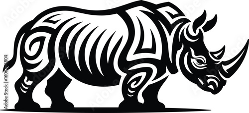 Bold black and white tribal illustration of a powerful rhinoceros on a clean white background