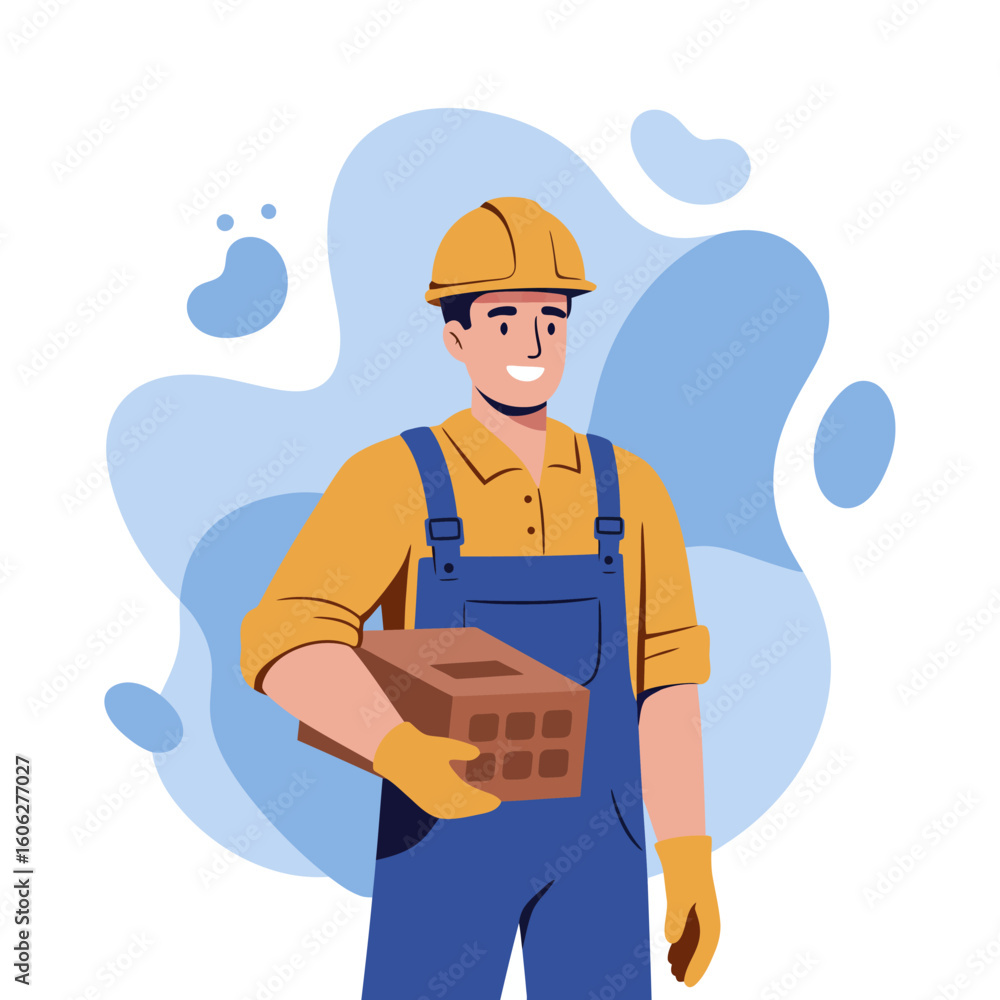 A friendly construction worker in a yellow hard hat and blue overalls smiles while holding a brick, depicted in a flat illustration style. A friendly construction worker in a yellow hard hat and blue overalls smiles while holding a brick, depicted in a flat illustration style.