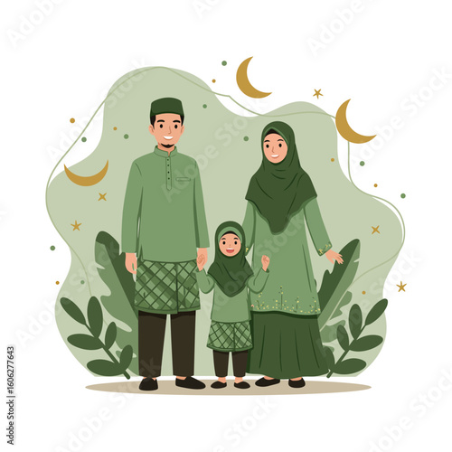 A smiling Muslim family of three in matching green traditional attire celebrating together.