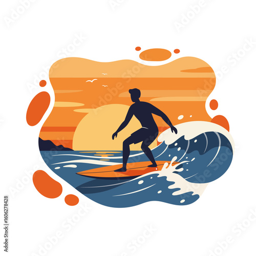 A silhouette of a surfer rides a large ocean wave against a vibrant orange sunset, depicted in a modern flat vector style.