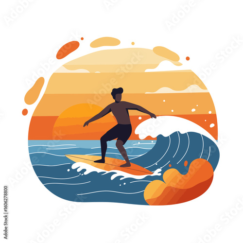 A stylized illustration of a male surfer riding a large ocean wave during a warm sunset.