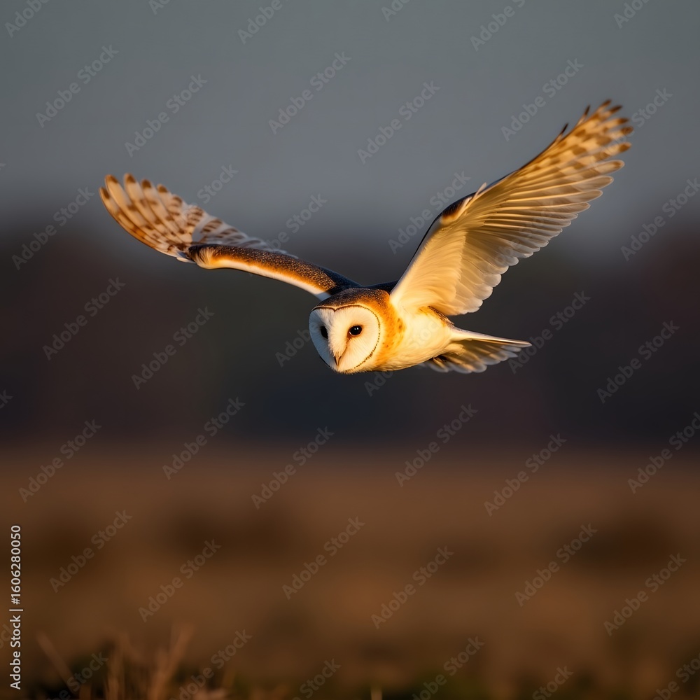 Fototapeta premium Majestic barn owl in flight over a field at dusk